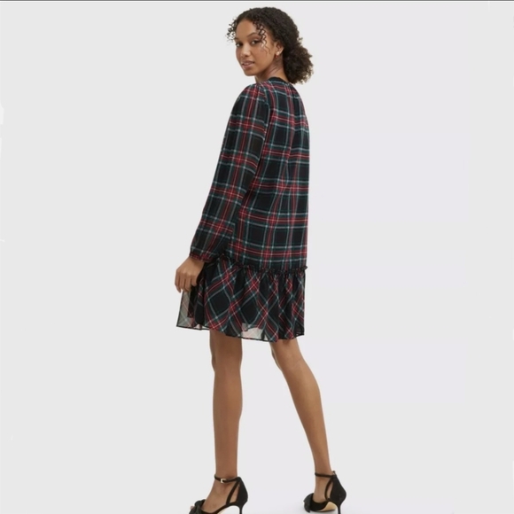 Draper James Tie Neck Flounce Shift Dress Plaid Longsleeve - Picture 2 of 13